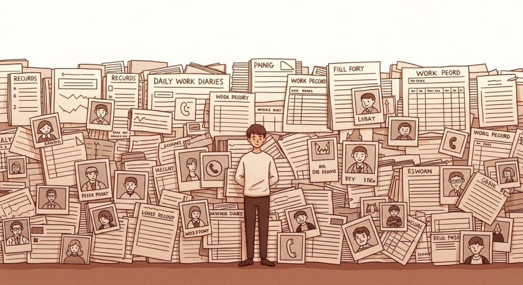 포근한 지지력 + 집 침대 편안함!" 캠핑의 '나만의 꿀잠' 코멧 메모리폼 베개: '가성비 끝판왕' '미니멀 캠핑' 최적! '휴대용 베개'의 혁신 9 근무-기록들이-쌓여-만들어진-견고한-성벽-안에-안전하게-서-있는-사람