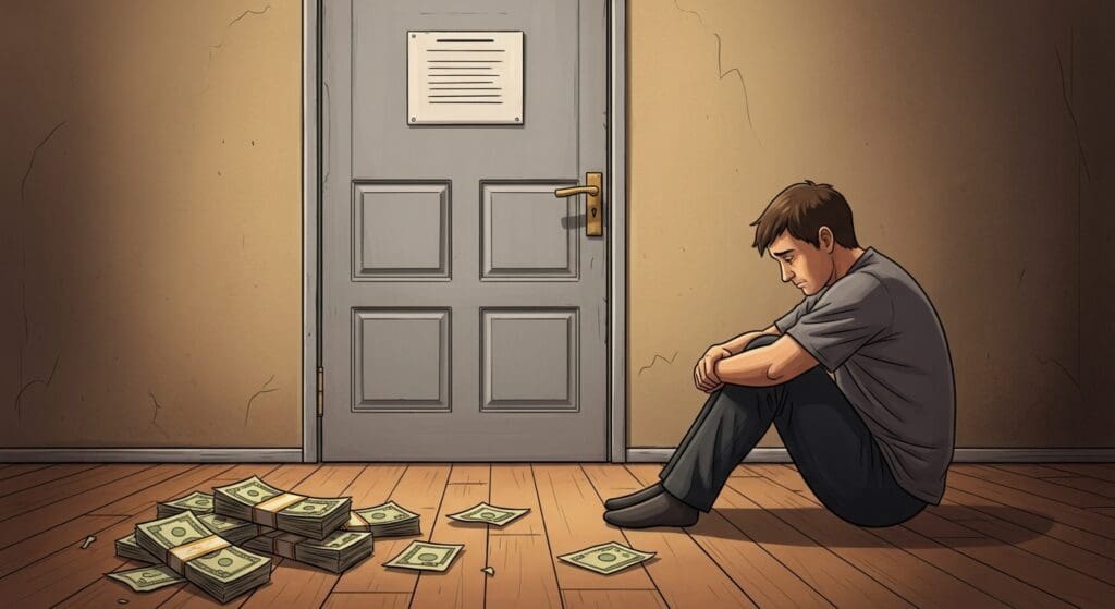 보이스피싱 현금수거책 '몰랐어요'는 통할까? 미필적 고의 vs 범죄 핵심 고리! $1억 2천만 원 피해, '사회적 해악'으로 징역 2년! 처벌받는 5가지 이유 13 굳게-닫힌-문-앞에서-무릎을-끌어안고-후회하는-사람의-뒷모습