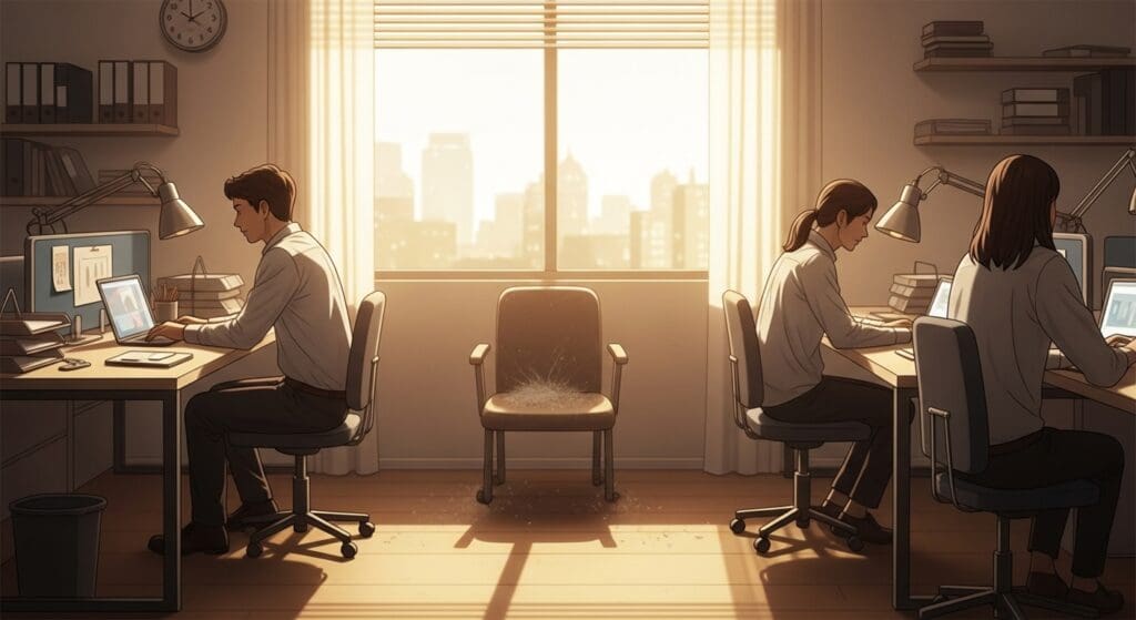 사회복무요원 복무 이탈 '징역 8일' 경고 넘어 313일? 정당한 사유 없으면 '벌금형' NO! 병역법 위반 시 '징역형' 확정! 청년 병역 의무, 절대 가볍게 보지 마세요! 1 동료들이-일하는-사무실에-홀로-비어있는-사회복무요원의-책상과-의자