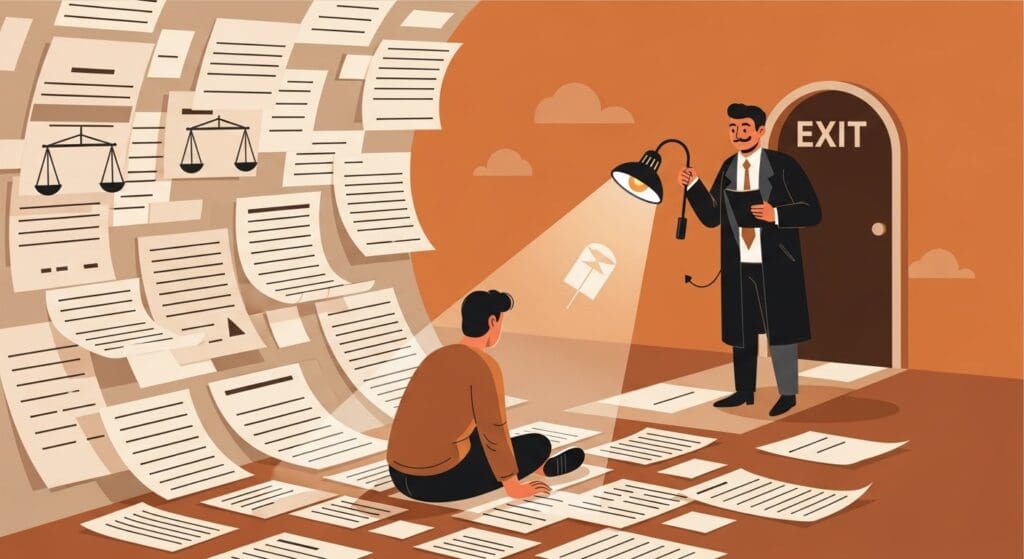 30년 통신 업무, 뇌종양과 상당인과관계? 극저주파, 납, 작업 환경, 작업 일지, 건강 기록, 산업재해 변호사 도움으로 산재 인정받는 법 공개 13 서류-미로-속에서-전문가의-안내를-받아-길을-찾는-사람의-모습