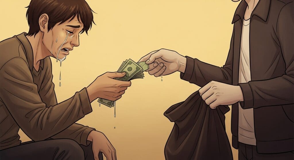 보이스피싱 현금수거책 '몰랐어요'는 통할까? 미필적 고의 vs 범죄 핵심 고리! $1억 2천만 원 피해, '사회적 해악'으로 징역 2년! 처벌받는 5가지 이유 5 슬퍼하는-사람에게서-돈을-건네받아-가방에-넣는-사람의-모습
