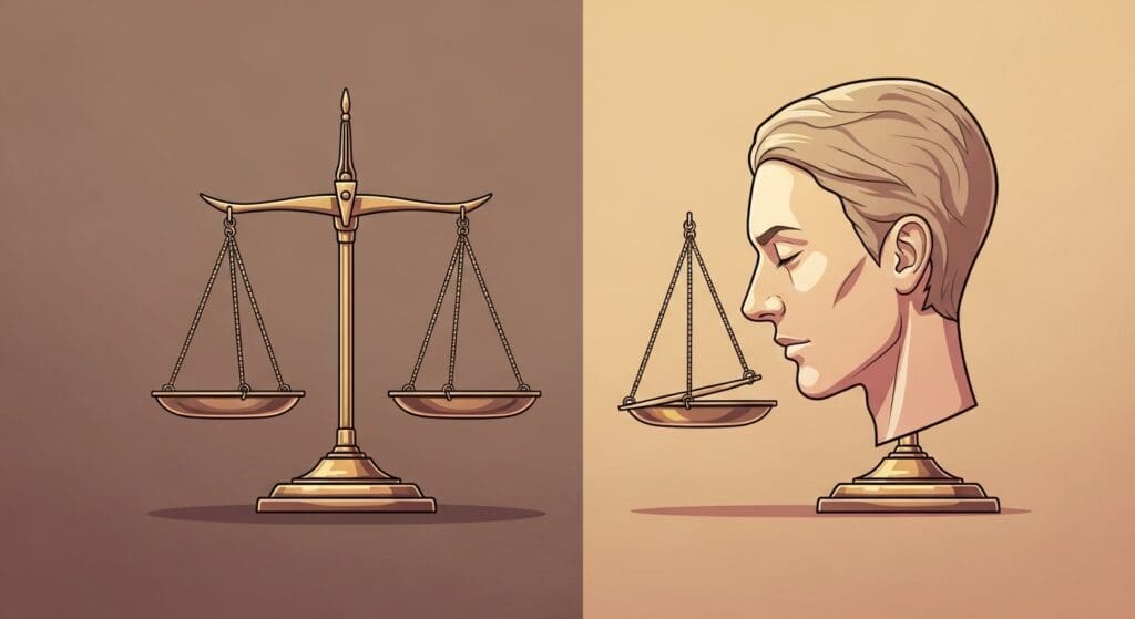 직권남용 무죄? 군대 대대장의 '그냥 빼줘라' 지시, 경미한 위반 & 현장 계도, 재량권 인정! 부하에게 '의무 없는 일' 시킨 것 아니다? 법원 판단 5가지 이유 18 기울어진-마음의-저울을-안타깝게-바라보는-사람의-실루엣