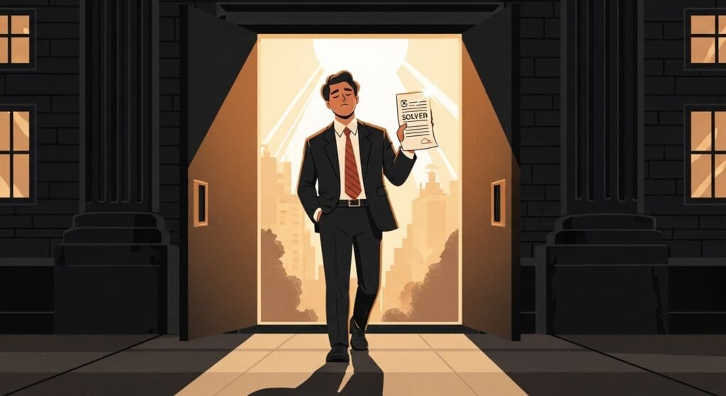 세금 고지서 억울함 풀기! '경험칙 함정' 돌파! 과세 요건 입증 책임 & 명확한 증거, 돈 출처로 세무서에 맞서는 '납세자 권리' & 세금 전문가 도움! 20 어두운-건물을-등지고-밝은-곳으로-걸어-나오는-자신감-넘치는-사람의-모습
