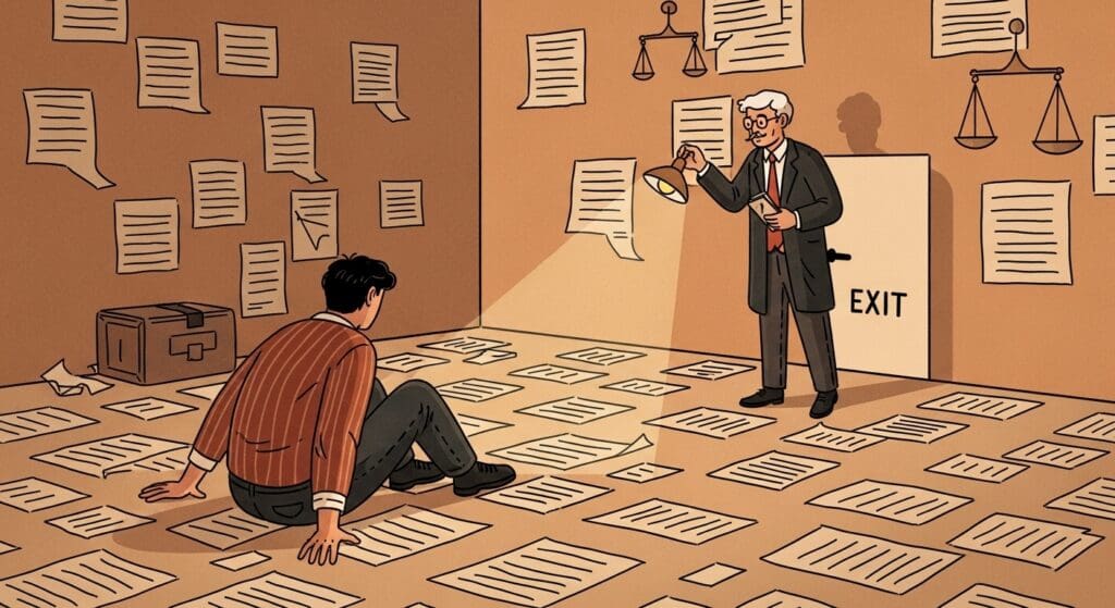 30년 통신 업무, 뇌종양과 상당인과관계? 극저주파, 납, 작업 환경, 작업 일지, 건강 기록, 산업재해 변호사 도움으로 산재 인정받는 법 공개 14 전문가가-복잡한-서류-뭉치-속에서-핵심이-되는-빛나는-문서-하나를-찾아주는-장면