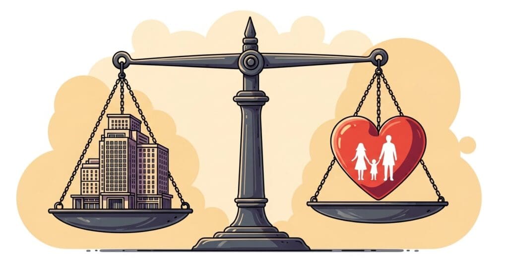 포근한 지지력 + 집 침대 편안함!" 캠핑의 '나만의 꿀잠' 코멧 메모리폼 베개: '가성비 끝판왕' '미니멀 캠핑' 최적! '휴대용 베개'의 혁신 18 저울-위에서-균형을-잡고-있는-빌딩과-하트-모양의-클로즈업