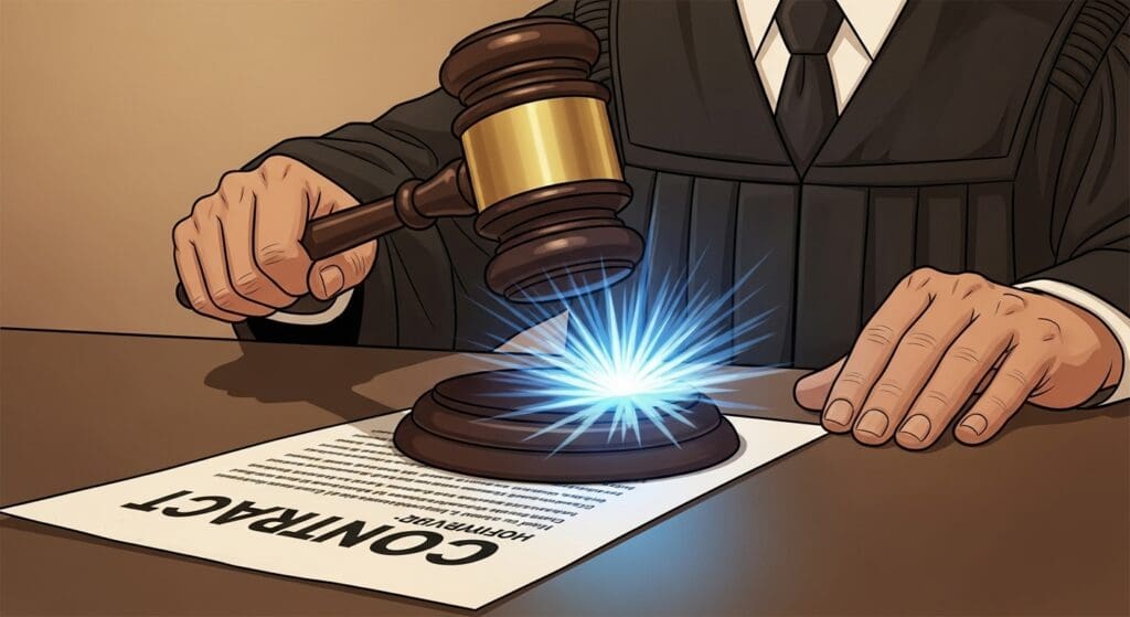 법원 판결: 토석채취허가권 양도, '사해행위 취소' NO! 채권자 vs 채무자, 재산 이전 시 책임재산, 환가 가능성, 양도 제한의 5가지 핵심 이유! 5 법원의-의사봉이-불공정한-계약서를-내리쳐-무효로-만드는-상징적-이미지