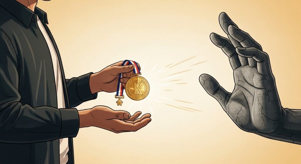 국가유공자 비해당... 하지만 보훈보상대상자 인정! 경찰 과로사, 심장질환 사망 판례 (전주지방법원 2022구단804) 속 5가지 이유: '직접적 관련' vs '상당 인과관계 5 빛나는-훈장을-밀어내는-차가운-돌-손,-국가유공자-비해당을-상징하는-이미지
