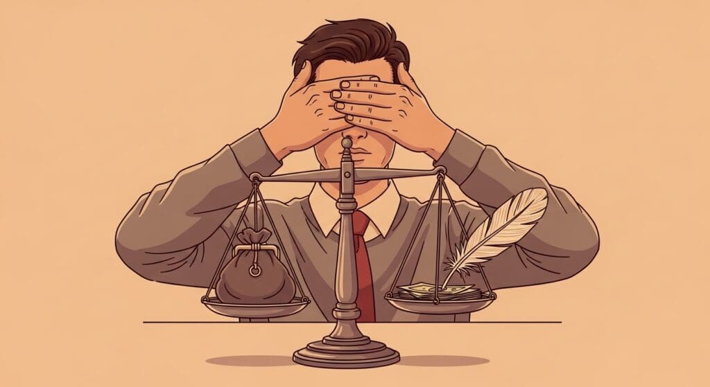 보이스피싱 현금수거책 '몰랐어요'는 통할까? 미필적 고의 vs 범죄 핵심 고리! $1억 2천만 원 피해, '사회적 해악'으로 징역 2년! 처벌받는 5가지 이유 7 돈과-깃털을-올린-저울-앞에서-스스로-눈을-가리고-있는-사람의-모습