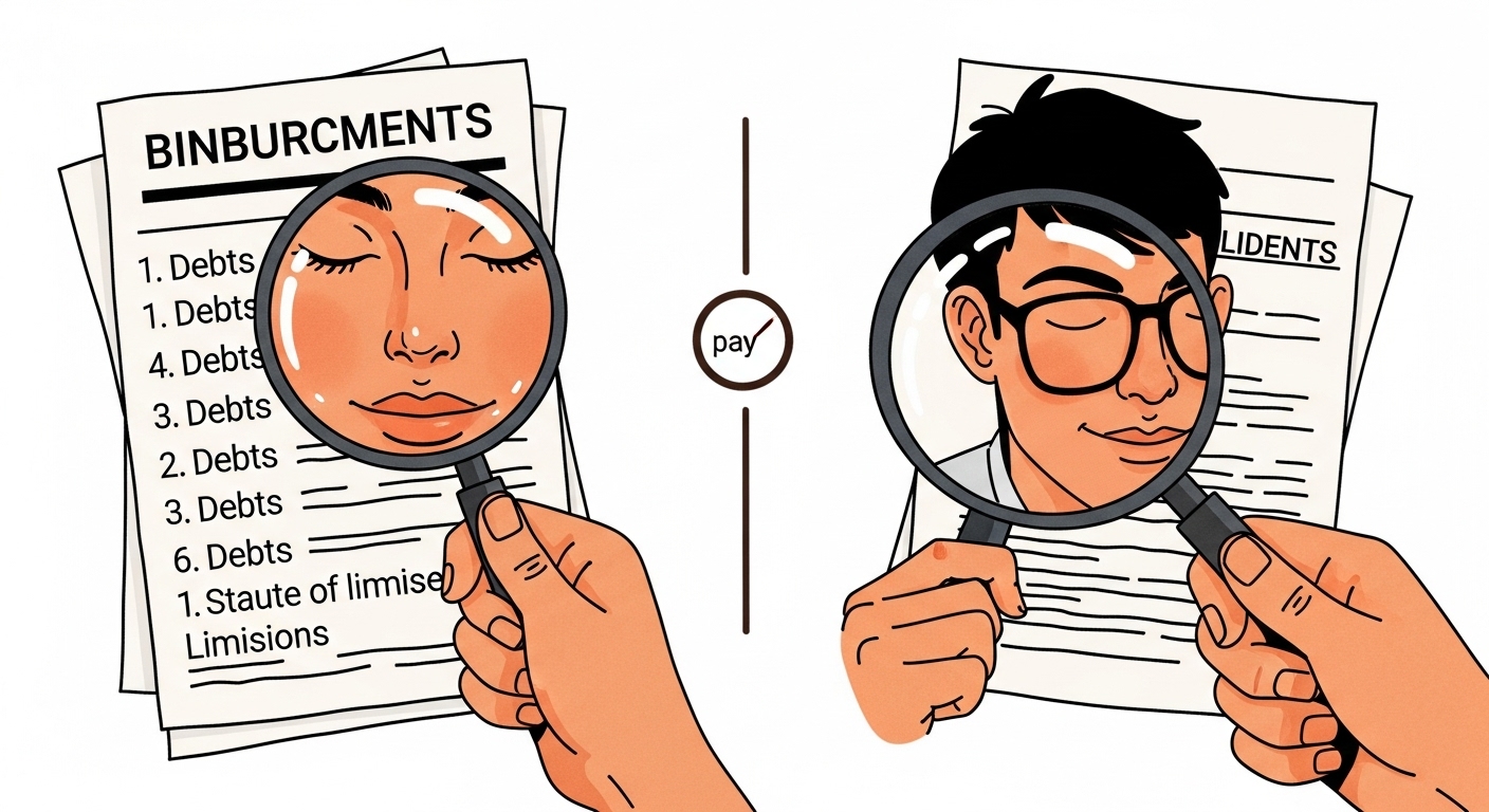 까맣게 잊은 빚, 청구이의로 탈출! 소멸시효 완성? 지급명령, 연대보증, 10년 채권의 비밀! '채권 소멸'로 빚 독촉, 빚 갚아라 막는 법 (내 권리 지키기!) 12 파산-서류의-채무-목록을-돋보기로-확인하는-사람의-모습