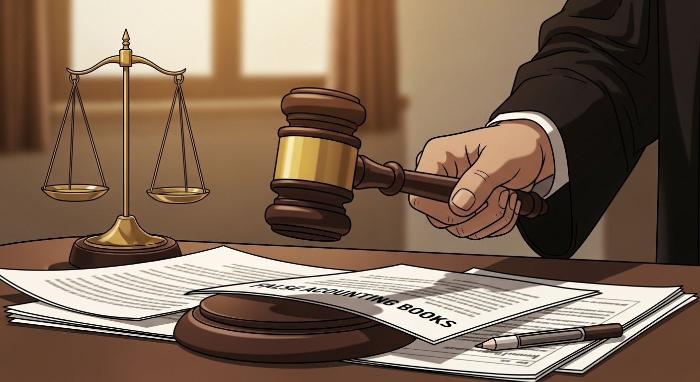 분식회계 A 회사, 믿은 죄(?) 억울한 손해배상! 회계법인 책임은? 정상 주가 계산법은? '투자자 보호' 위한 5가지 핵심 포인트 & 승소 비법 16 판사가-분식회계-서류-위에-판결봉을-내려놓아-심판하는-모습