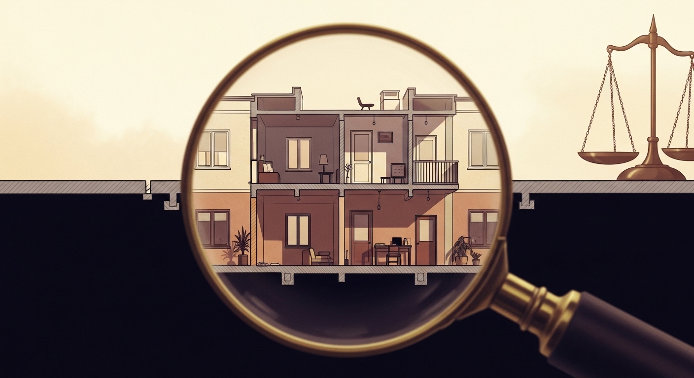실화죄, 담배꽁초 불이 났지만 '무죄'? 쓰레기통 화재, 건물 자체 연소 없으면 '범죄 증명 부족'! 작은 불씨, 통제 불가능 화재 경고! '불조심'은 우리 모두의 약속 7 판사가-돋보기로-불에-탄-부분과-타지-않은-건물-구조를-세밀하게-비교하는-장면