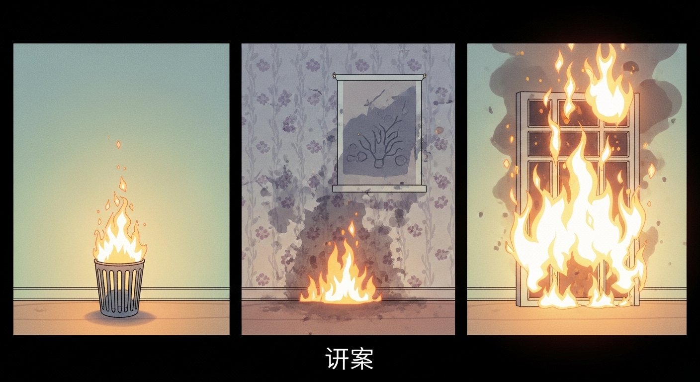 담배꽁초 화재, 무죄 판결? 건물 '이것' 타지 않으면 처벌 불가! 6 판사가-손가락으로-3단계-그림인-벽-자체가-타는-모습을-가리키는-장면