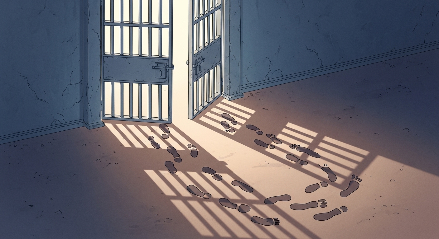 공연음란죄 처벌, 단순 벌금 아냐? 징역과 부수처분 심층 분석 4 열린-교도소-문-앞에서-자신이-찍어온-U턴-발자국을-내려다보는-사람의-뒷모습
