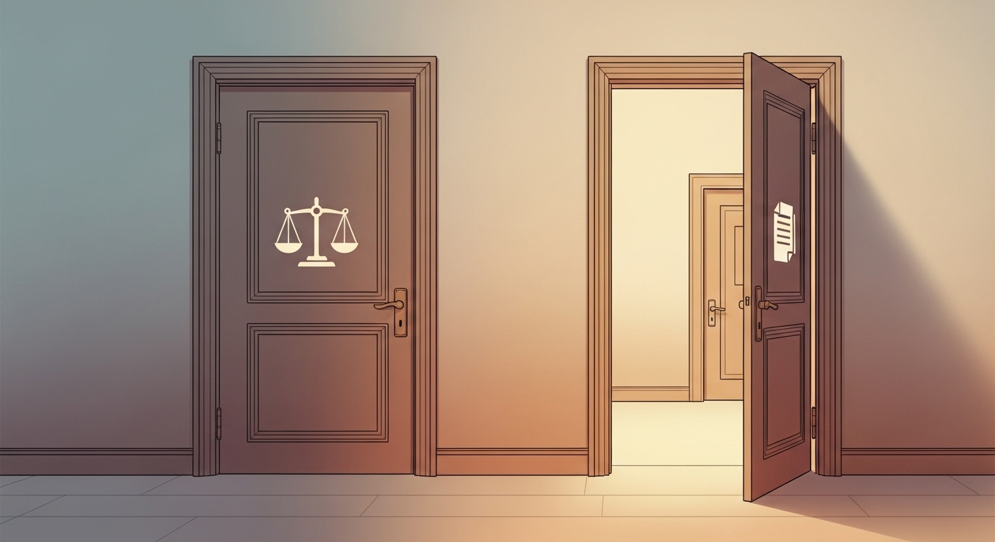 배당이의 소송: 확정된 분할 판결, 배당에서 뒤집힐까? 16 한-사람이-활짝-열린-첫-번째-문을-지나쳐-좁은-두-번째-문으로-들어가려-애쓰는-모습