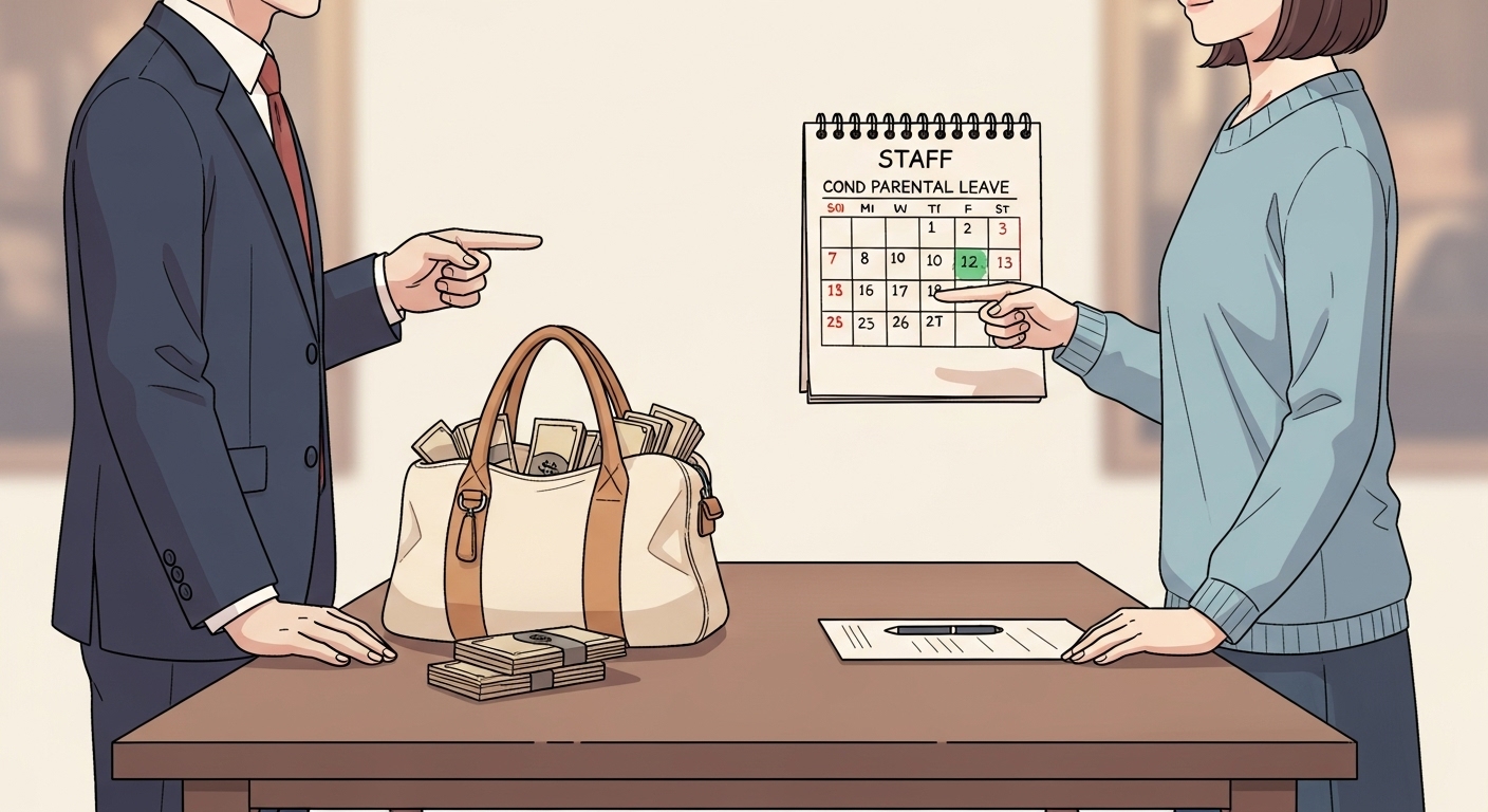 사이닝 보너스 반환 분쟁: 육아휴직 기간, 의무 근무에 포함될까? 6 돈-가방과-육아휴직이-표시된-달력이-법정-저울-위에-올려져-있는-모습