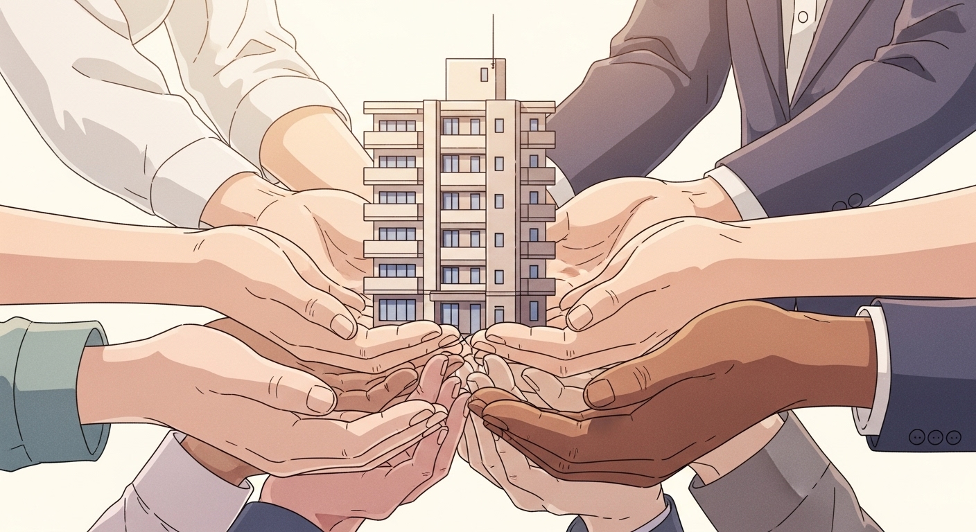 관리단 분쟁 해결 가이드: 관리인 선임 문제, 당신이 해야 할 일은? 19 다양한-입주민들의-손이-함께-아파트-건물-모형을-받들고-있는-모습