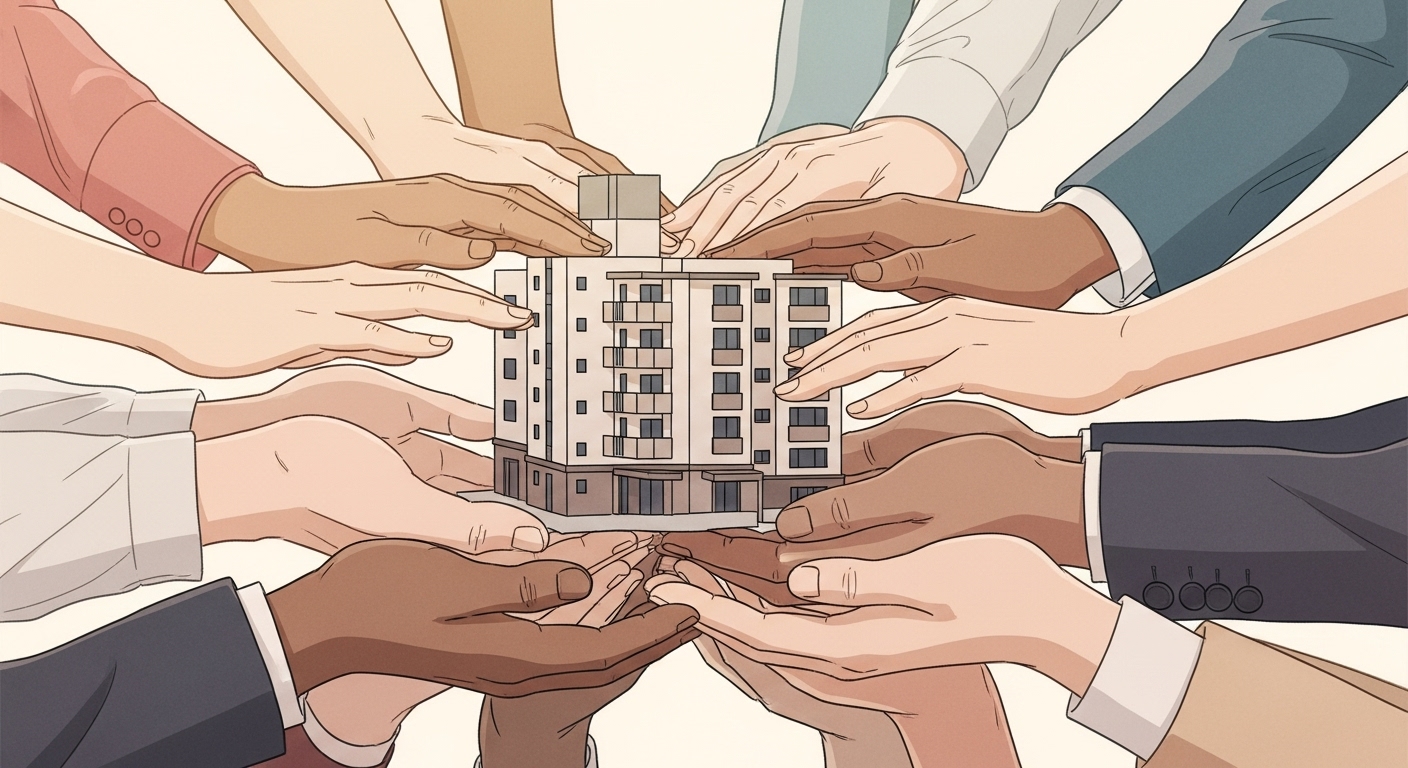 관리단 분쟁 해결 가이드: 관리인 선임 문제, 당신이 해야 할 일은? 20 함께-건물을-받치고-있는-손들이-서로-맞잡으며-화합하는-클로즈업