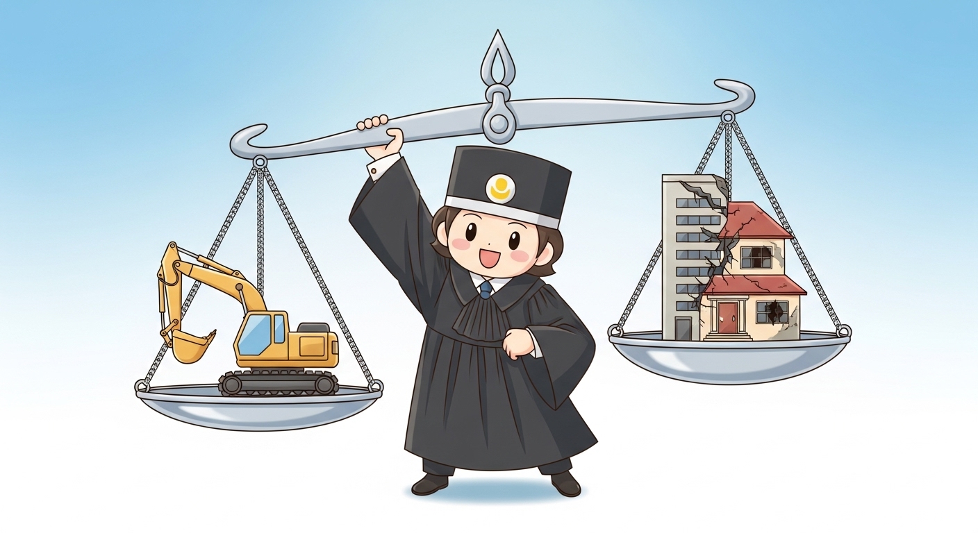 옆 건물 공사 피해 보상: 균열·침하로 영업 중단? 손해 인정 범위와 대응법 9 한쪽으로-완전히-기울지-않고-균형을-이루고-있는-저울