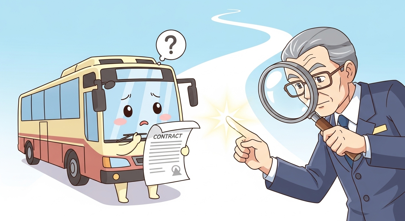 전세버스 불법 운행 과징금, 여행사 계약도 소용없다? 피하는 법 총정리 7 전문가-캐릭터가-돋보기로-전세버스의-계약서를-살펴보는-모습