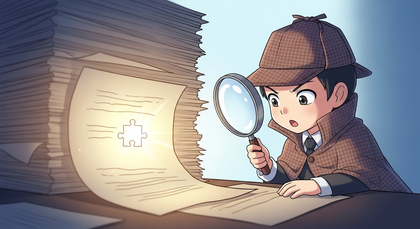 재심 청구, 60년 만의 기회? 억울한 판결 뒤집는 3가지 핵심 전략 3 돋보기로-오래된-서류-더미-속에서-증거를-찾는-탐정-캐릭터