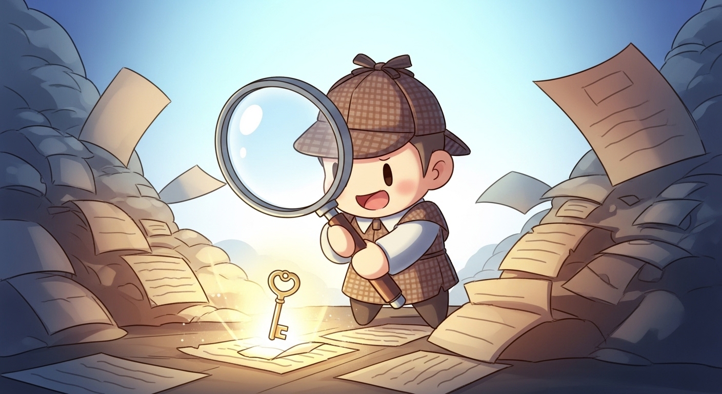 상표 식별력 부족? 'Simpleat' 등록 무효 심판 뒤집힌 이유와 당신의 상표 전략 3 탐정-캐릭터가-오래된-서류-더미-속에서-빛나는-열쇠를-찾아내는-모습