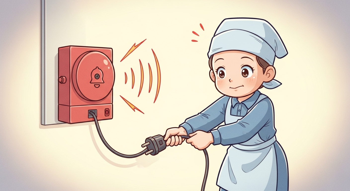 소방 안전 관리 소홀이 부른 참사, 당신 아파트 경보기는 안녕하십니까? 2 전원이-꺼진-화재경보기와-안도하는-표정의-관리인-캐릭터