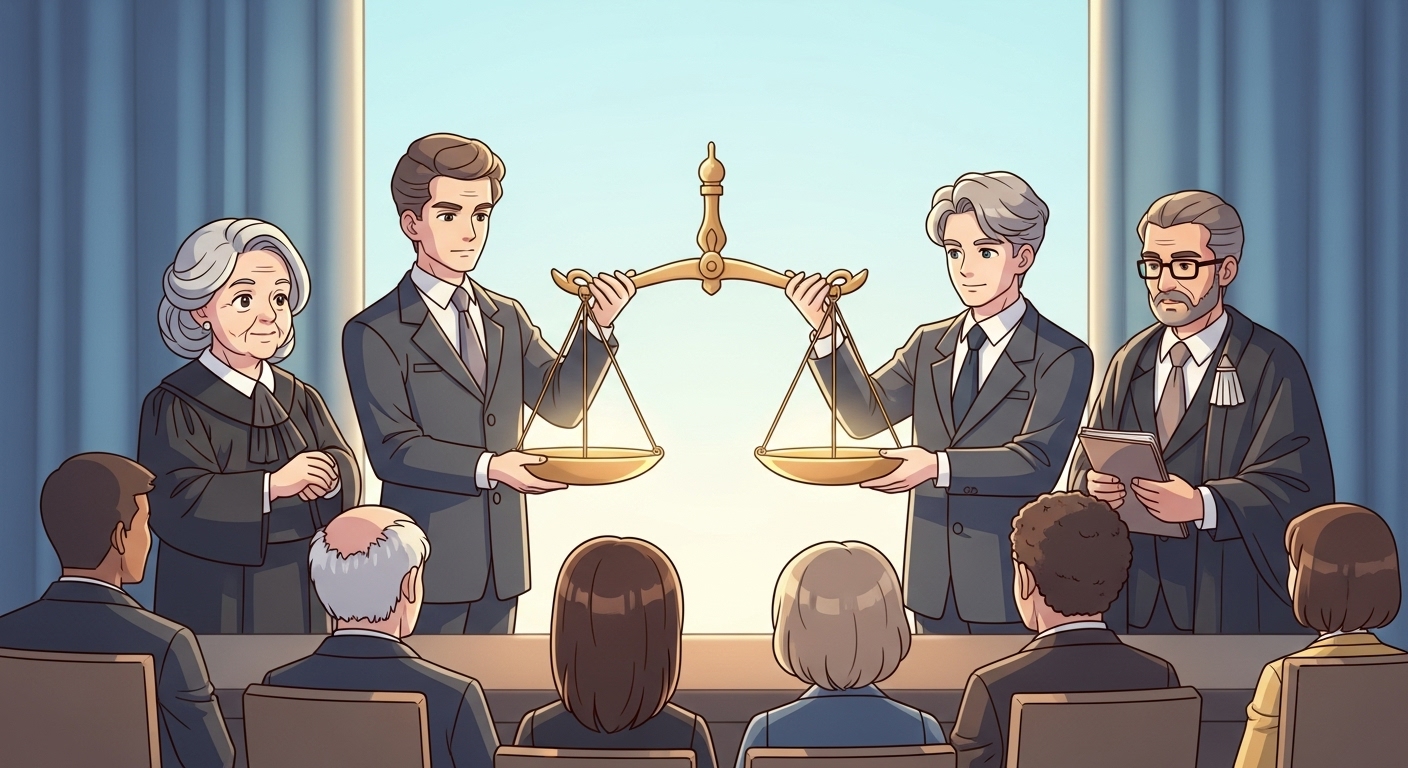 국민참여재판 배심원 접촉 금지! 실제 처벌 사례로 본 행동 수칙 10 판사-검사-변호사-배심원-캐릭터가-함께-정의의-저울을-들고-있는-모습