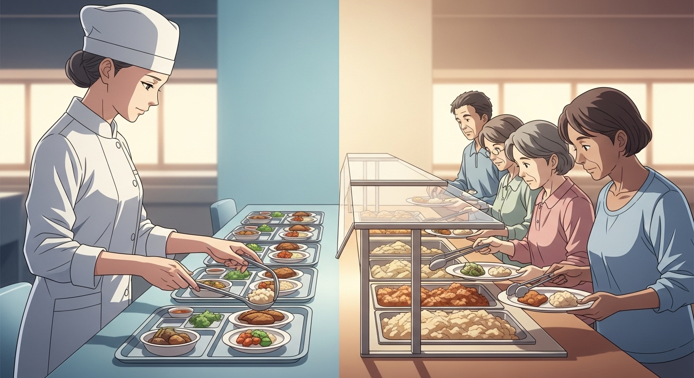 요양병원 자율배식, 수억 환수? 딱 1가지 이유로 처분 취소! 4 자율배식대-앞에서-웃으며-음식을-담는-노인-환자들의-모습