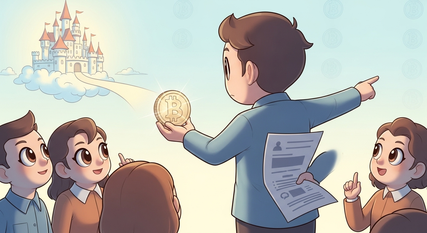 암호화폐 투자 사기: 실제 판례로 본 3가지 사기 유형 심층 분석 7 아름답지만-조악해-보이는-코인을-보여주며-구름-위의-성을-가리키는-캐릭터