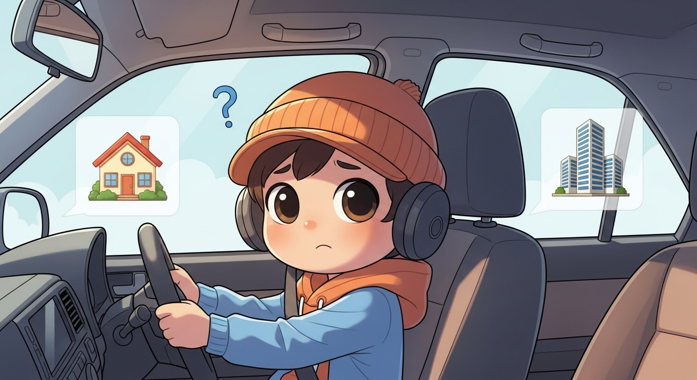 가사사용인 근로기준법 적용될까? 운전기사 사례로 본 가사사용인 판단 기준 5 차창-밖으로-집과-회사-건물이-보이며-고민하는-운전기사-캐릭터