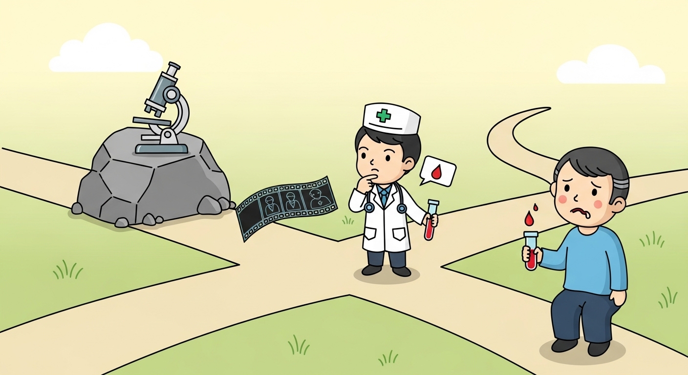 항암제 급여기준, 조직검사 없이도 급여? 삭감 시 대처법 4 현미경-아이콘이-그려진-바위로-막힌-길을-바라보는-의사-캐릭터