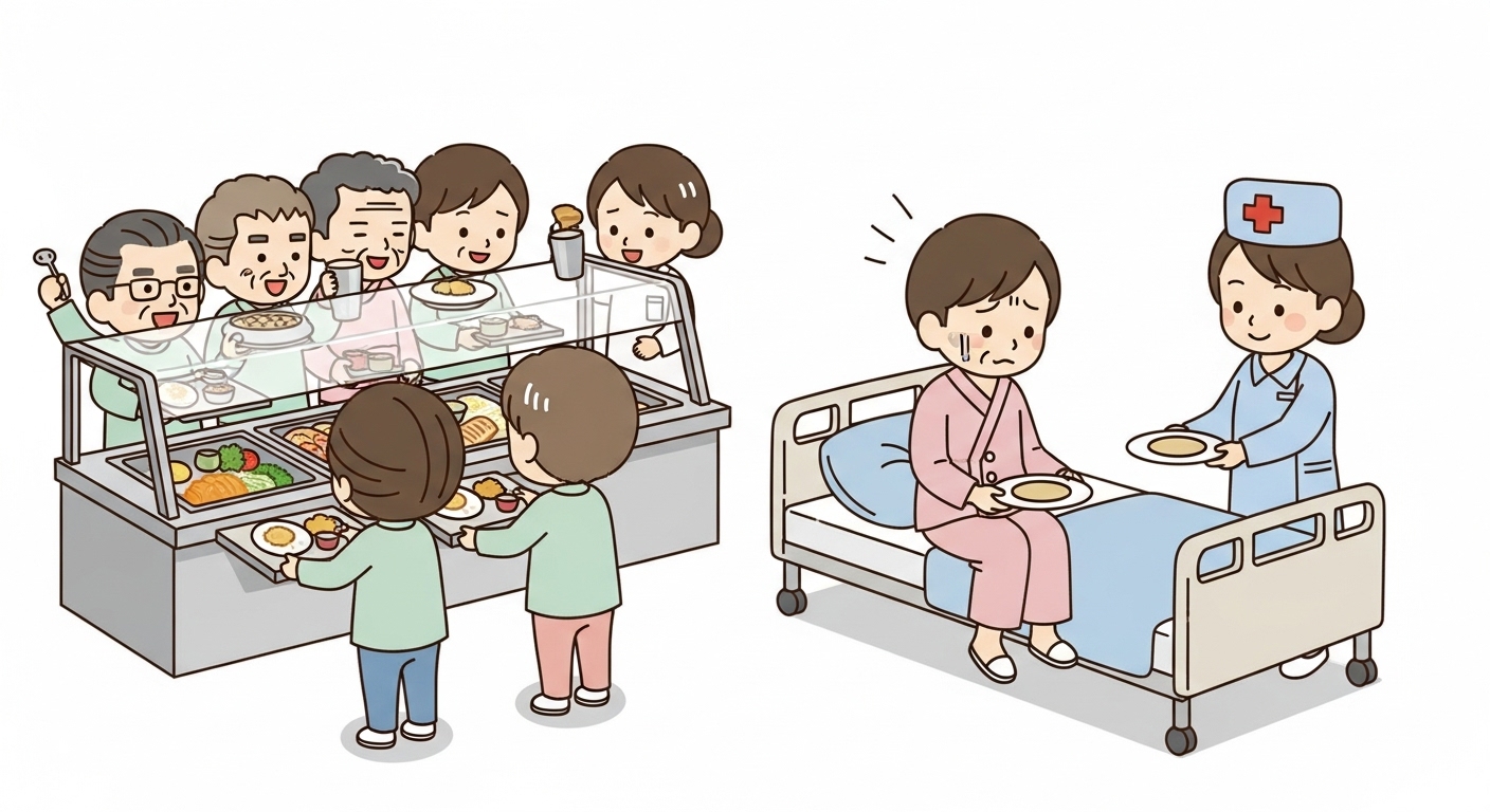 요양급여 환수 처분, 자율배식 식대 청구가 문제라면? (취소 판결 분석) 8 병실에서-개별-식판으로-식사를-제공받는-거동-불편-환자-캐릭터