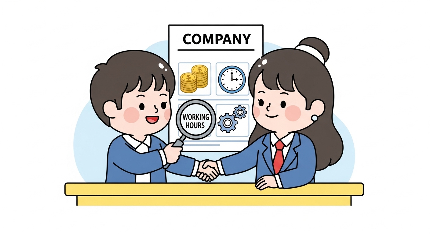 채용 내정 취소, 부당해고일까? 법원 판단 기준과 대응 방법 5 돋보기로-서류의-급여-시간-업무-아이콘을-꼼꼼히-확인하는-캐릭터들