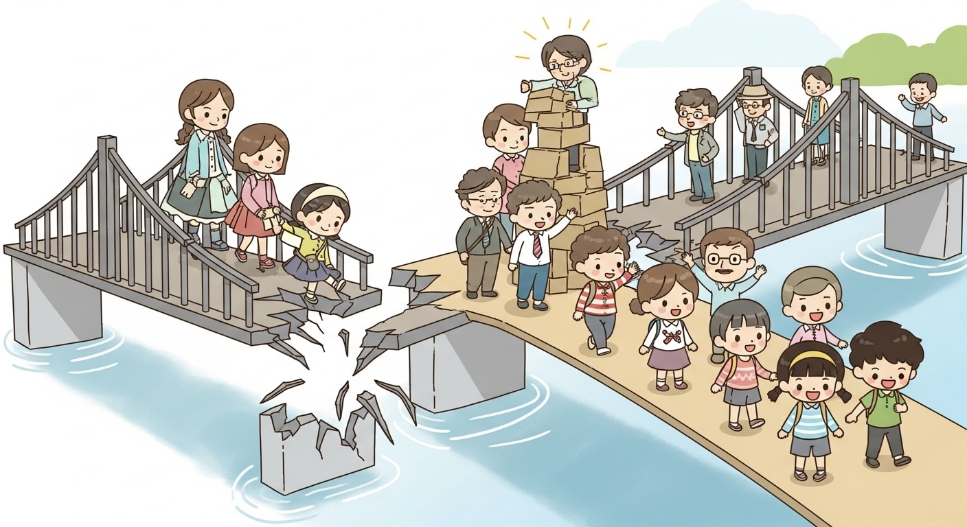 국가폭력 피해자, 수십 년 고통 끝 배상 길 열려… 나는 어떻게 해야 할까? 13 미래-세대를-상징하는-어린-캐릭터들이-새롭게-만들어진-안전한-다리를-바라보는-모습