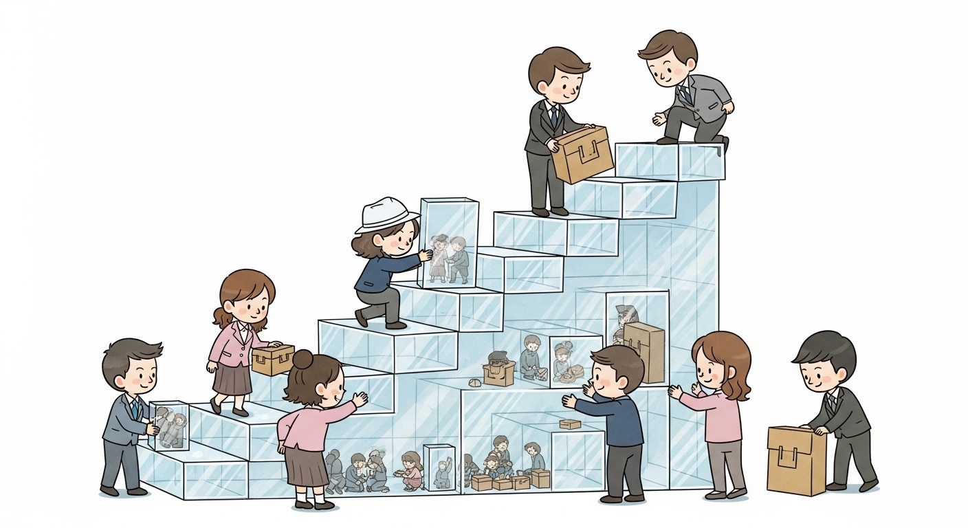 교원 징계 기록, 교장 임용 취소 사유 될까? 8 여러-캐릭터들이-함께-투명한-유리-블록으로-승진-계단을-쌓는-모습