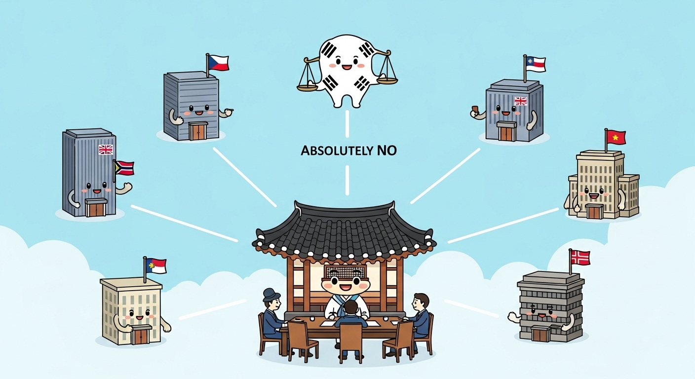 상호주 의결권 제한, 모르면 경영권 잃는다? 핵심 기준 완벽 정리 7 다양한-국적의-회사-캐릭터들이-하나의-규칙으로-연결된-모습