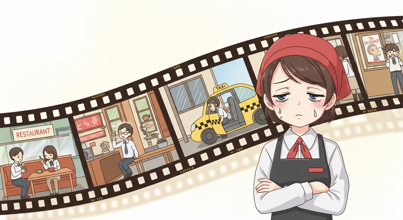 무전취식 넘어 사기, 영업 방해까지! | 반복되는 누범자의 '뻔뻔한' 일상 범죄 1 반복되는-피해-장면-필름-스트립-앞에서-지쳐있는-가게-주인-캐릭터