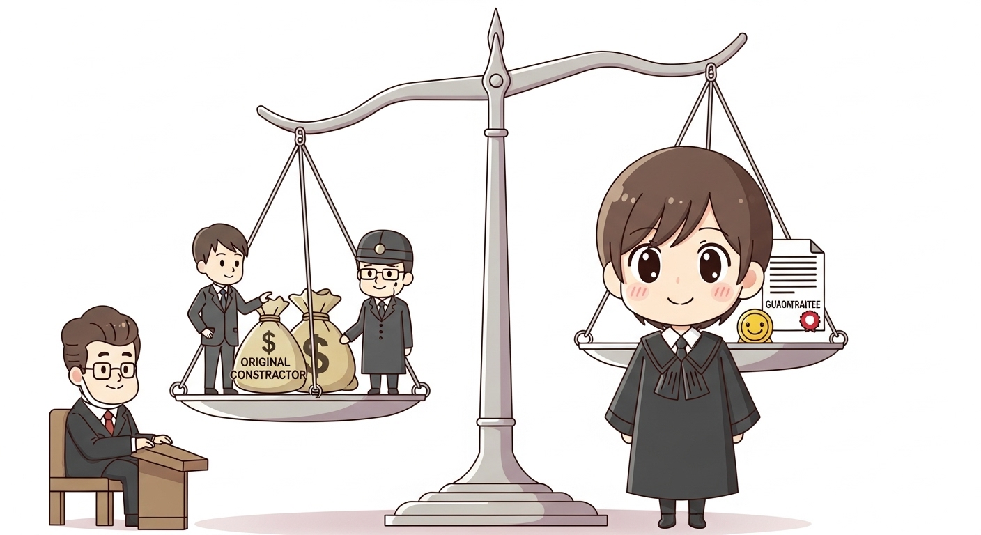 건설 하도급 대금, 제대로 받을 수 있을까? | 발주처 직접지급 vs 원수급인 책임, 법원 판결로 본 핵심 조건 5 원수급인의-대금과-하수급인의-보증서를-저울에-올려-균형을-맞추는-판사