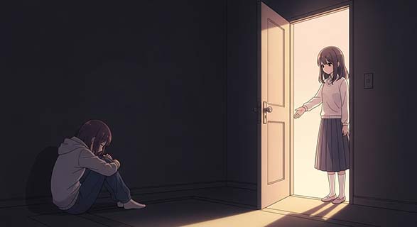 직장인 우울증, 자살까지 이어졌는데… | 업무상 재해 불인정, 법원 판결의 이유 4 어두운-방-안의-캐릭터에게-빛과-함께-손을-내미는-따뜻한-모습