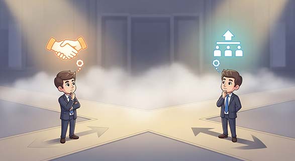 근로복지공단 보험료 부과, 억울하다면? | 공동수급체 vs 하도급, 법원 판결로 본 보험료 책임 기준 2 공동수급체와-하도급을-상징하는-갈림길-앞에-선-두-사업주-캐릭터