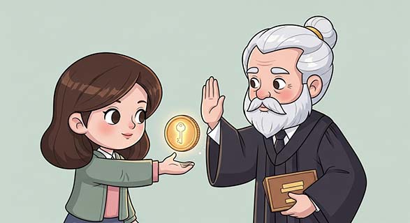 자식 사망 합의금, 엄마 몫도 있을까? | 이혼 부모 간 부당이득금 소송, 법원 판단은? 2 판사-캐릭터가-열쇠-아이콘이-그려진-동전을-요청하는-손길을-막는-모습