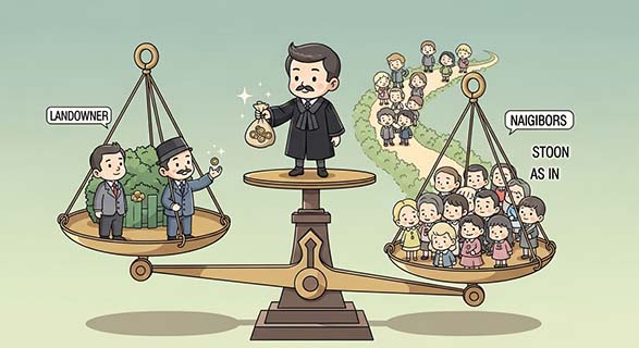 지자체가 만든 도로, 내 땅 위에 있다면? | '권리남용'으로 본 토지 소유주의 청구와 법원의 판단 2 동전-주머니를-건네면서도-도로는-막지-않는-판사-캐릭터와-저울