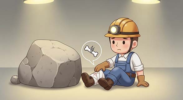 6m 낙석 사고, 근로자 다발성 골절 | 작업장 안전의무 위반, 기업 책임 80% 판결! 2 굴러떨어진-돌덩이-옆에서-다리에-뼈-모양-아이콘이-뜬-채-아파하는-근로자