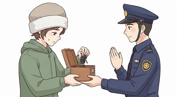 음주운전으로 경찰차 박고 경찰관 다치게 했다면? | 대구지방법원 특수공무집행방해치상 판례 분석 4 자동차-열쇠가-담긴-상자를-경찰관-캐릭터에게-공손히-건네는-캐릭터